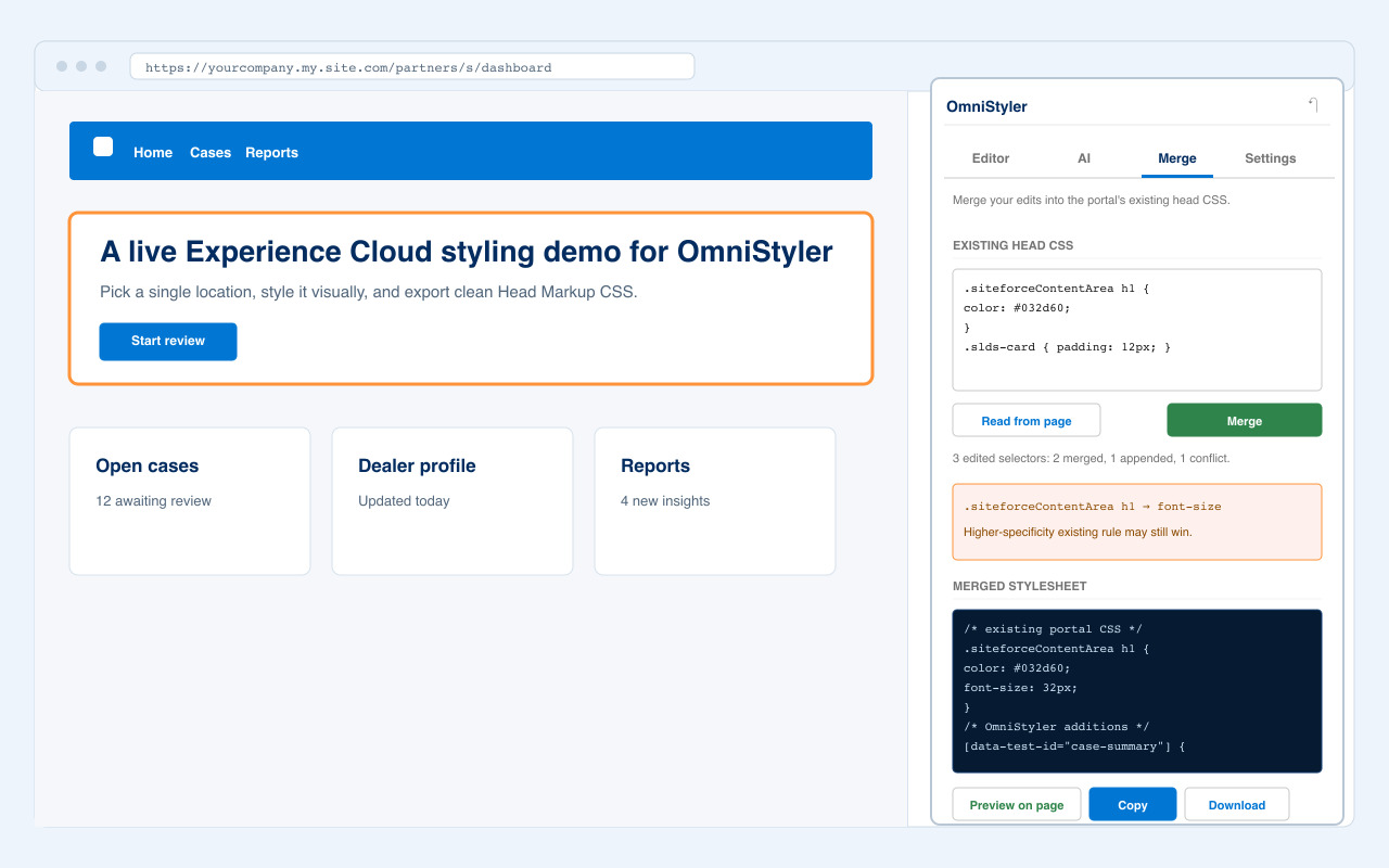 OmniStyler merge tab combining portal head CSS with generated styling rules