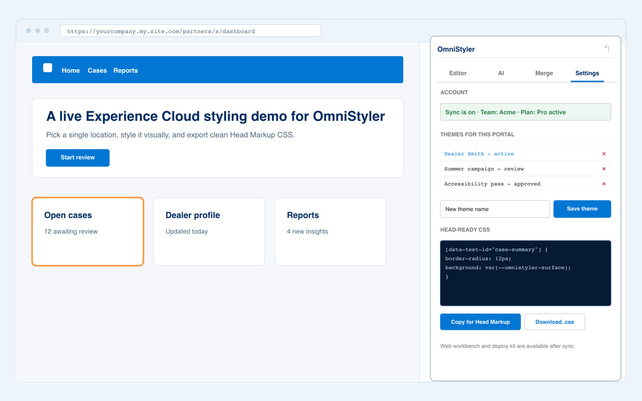 OmniStyler account workflow with saved themes, sync, and deploy handoff